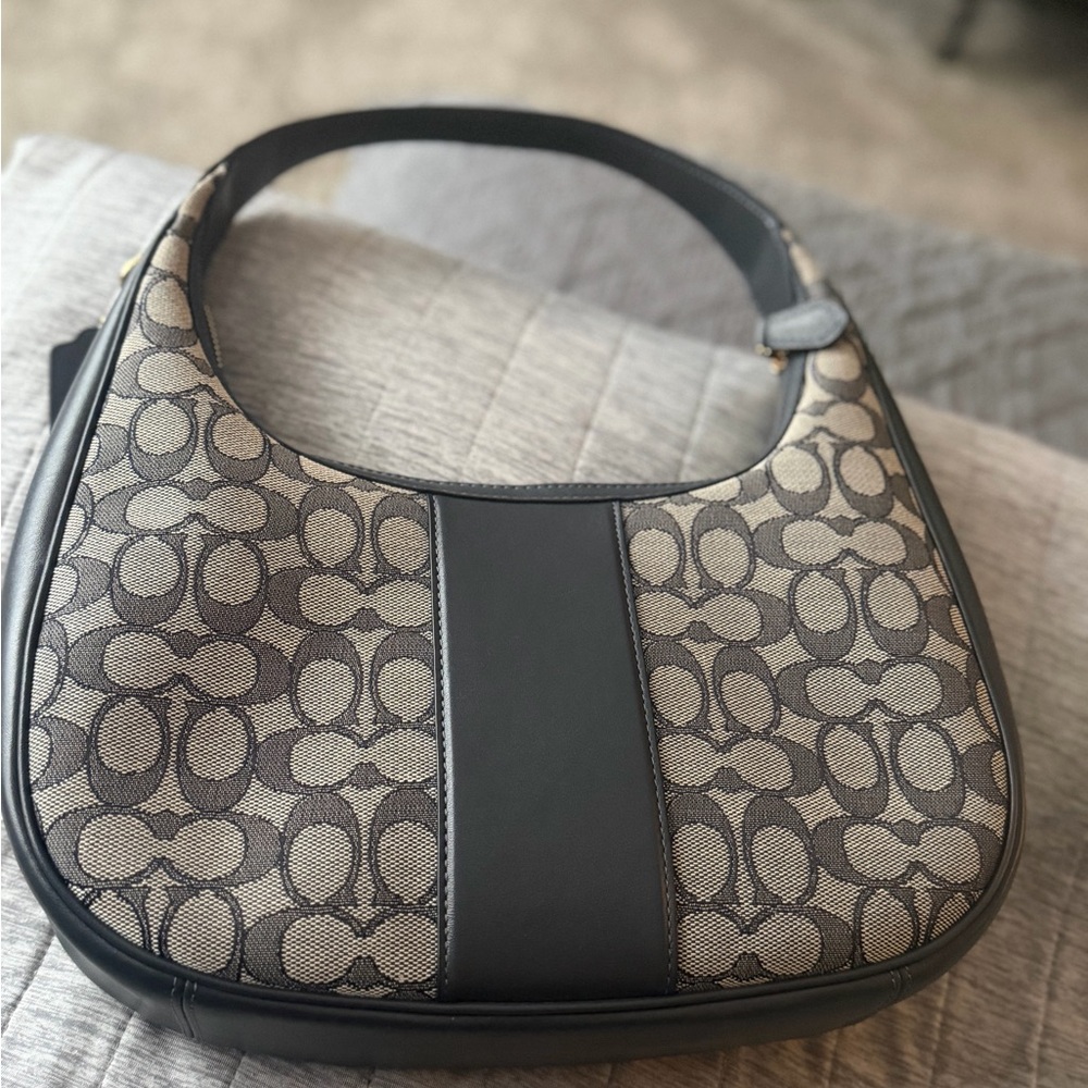 Coach navy Signature Jacquard Shoulder Hobo with Dark Leather Trim - Picture 8 of 11